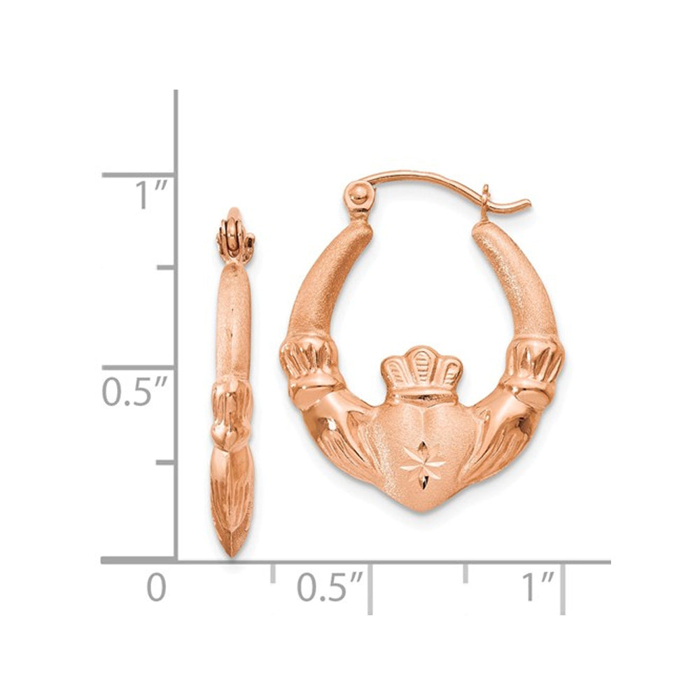 14K Rose Pink Gold Polished Claddagh Hoop Earrings Image 2