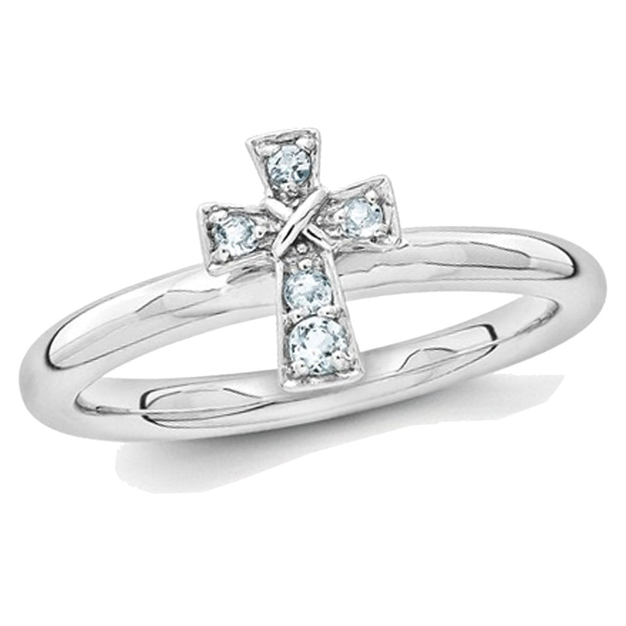 1/10 Carat (ctw) Natural Aquamarine Cross Ring in Sterling Silver Image 1