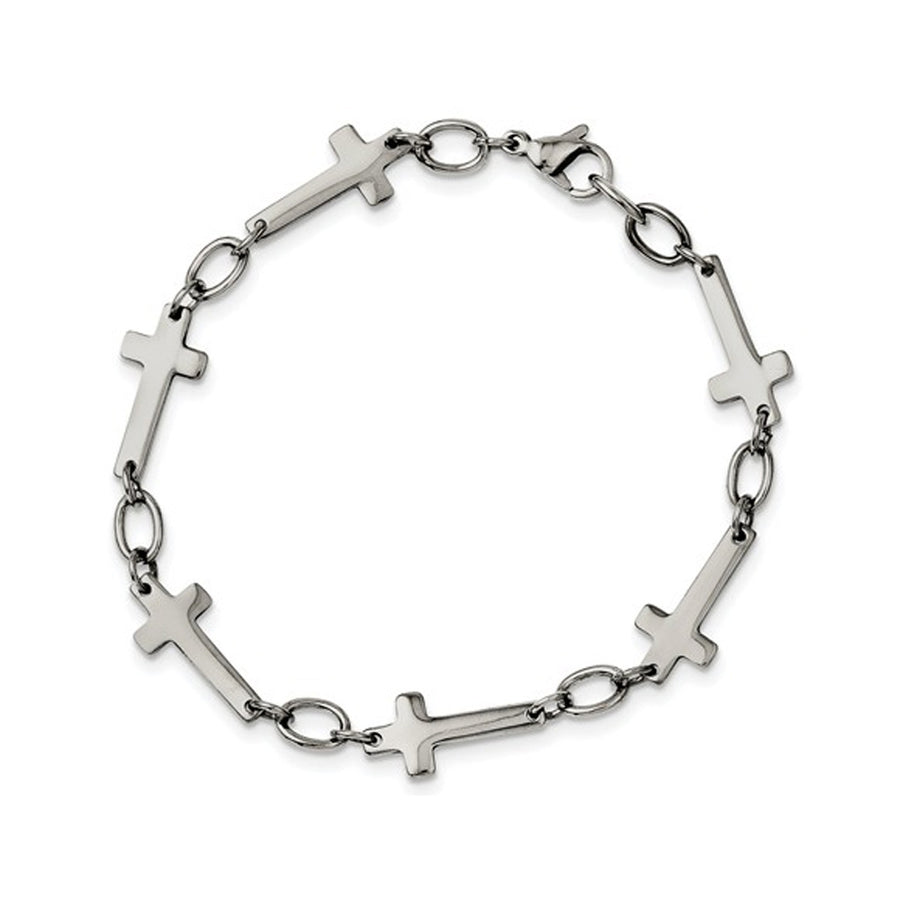 Mens Stainless Steel Sideways Cross Bracelet 8 Inch Image 1