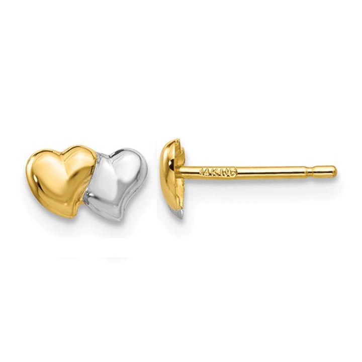 Double Heart Post Earrings in 14K Yellow and White Gold Image 1