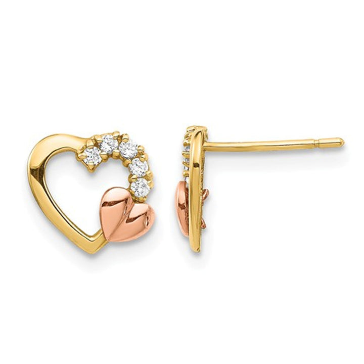 Open Heart Post Earrings in 14K Yellow and Rose Pink Gold with Synthetic Zirconias Image 1