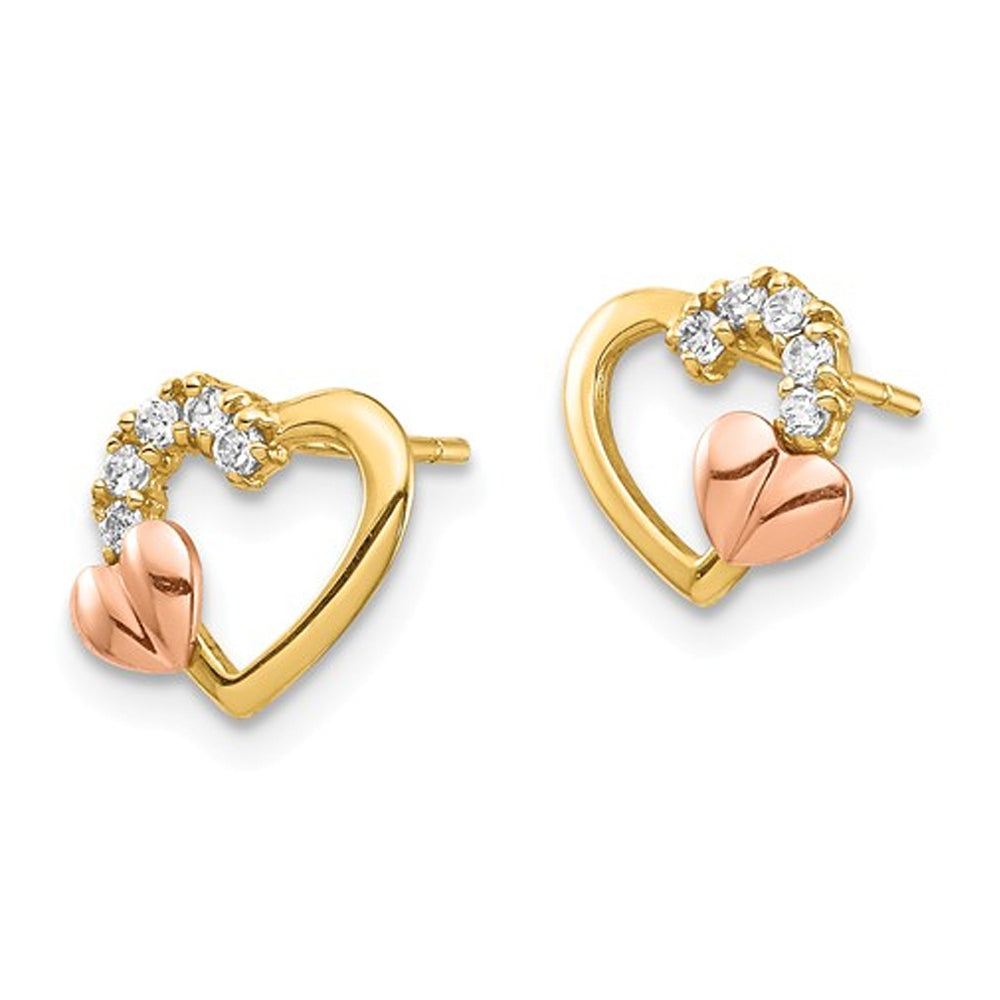 Open Heart Post Earrings in 14K Yellow and Rose Pink Gold with Synthetic Zirconias Image 3