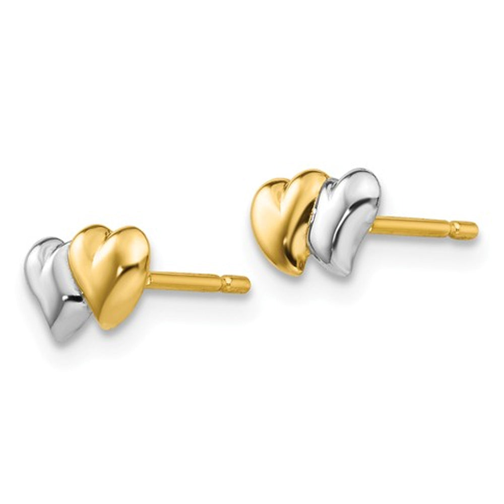 Double Heart Post Earrings in 14K Yellow and White Gold Image 3