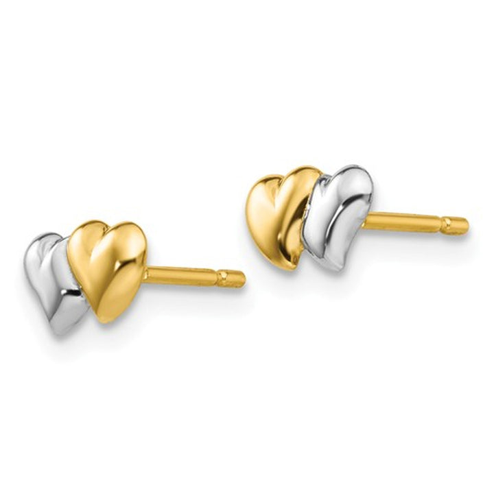 Double Heart Post Earrings in 14K Yellow and White Gold Image 3