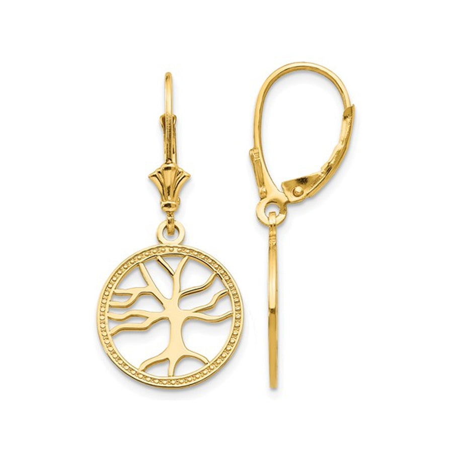 14K Yellow Gold Tree of Life Leverback Dangle Earrings Image 1
