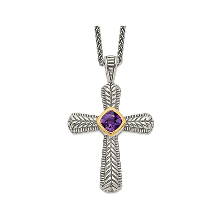 2/3 Carats (ctw) Natural Amethyst Cross Pendant Necklace in Sterling Silver with 14K Gold Accents and Chain Image 1