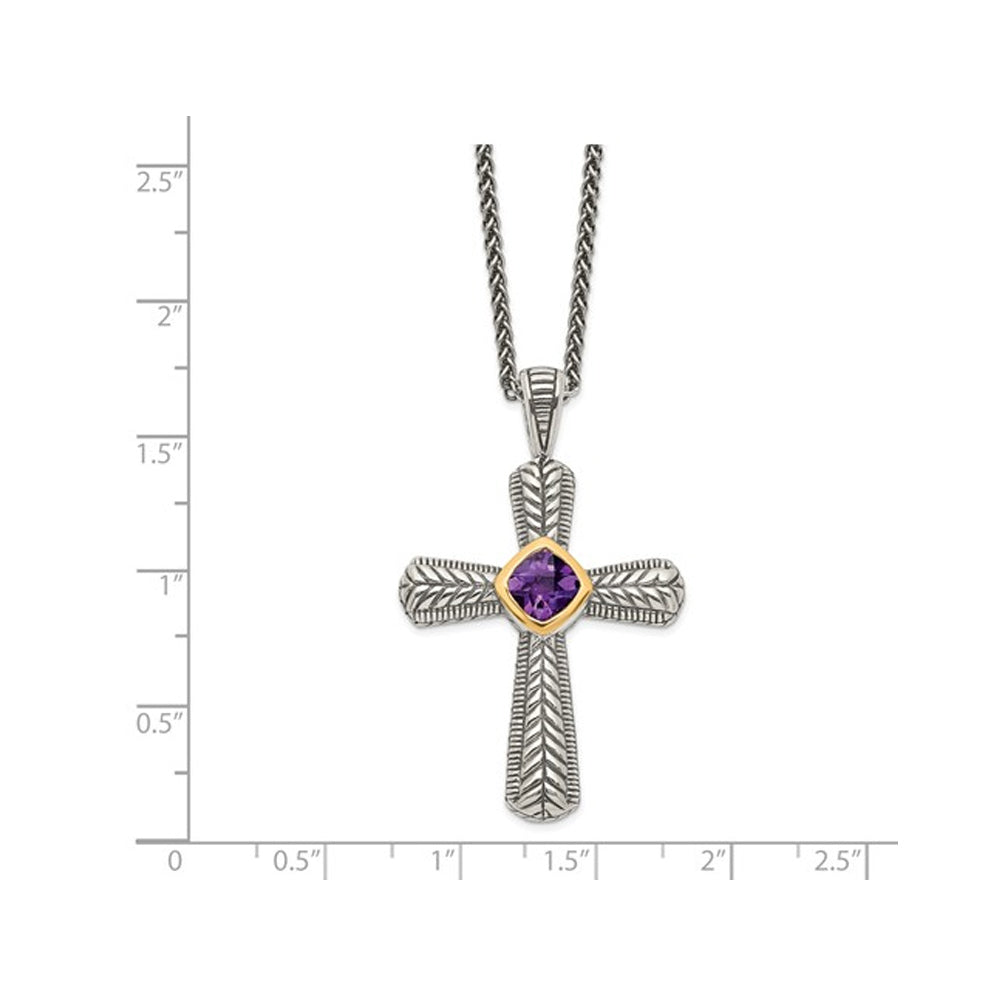 2/3 Carats (ctw) Natural Amethyst Cross Pendant Necklace in Sterling Silver with 14K Gold Accents and Chain Image 2