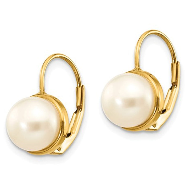 White Freshwater Cultured Pearl (6-7mm) Leverback Earrings in 14K Yellow Gold Image 3