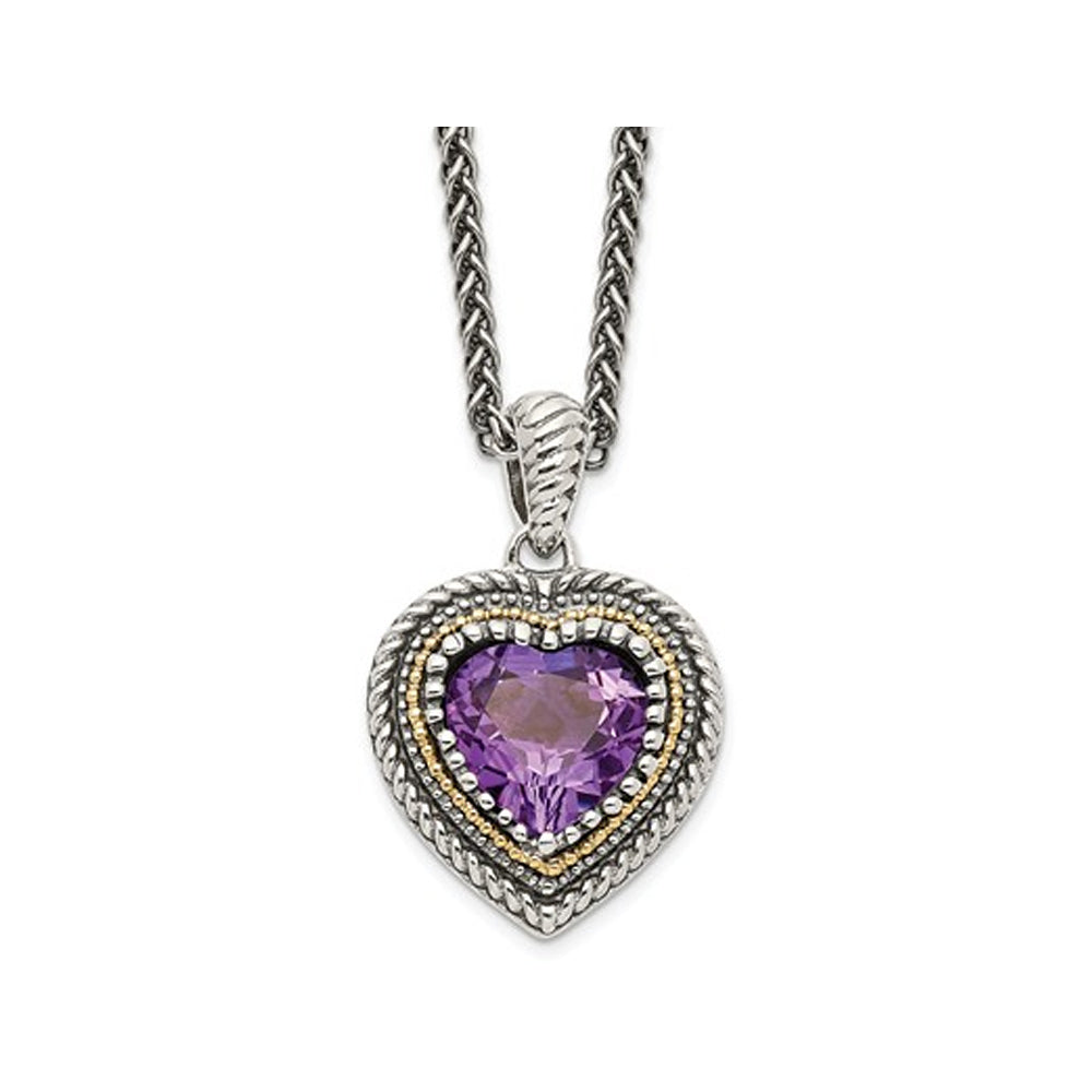 2.00 Carat (ctw) Amethyst Heart Pendant Necklace in Sterling Silver with 14K Accent and Chain Image 1