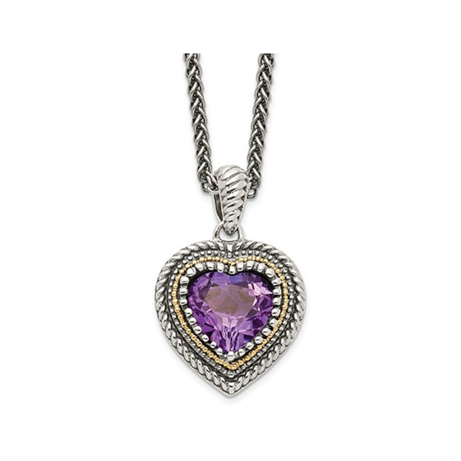 2.00 Carat (ctw) Amethyst Heart Pendant Necklace in Sterling Silver with 14K Accent and Chain Image 1