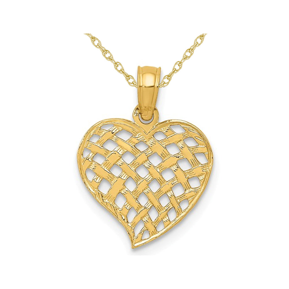 14K Yellow Basket Weave Heart Pendant Necklace with Chain Image 1