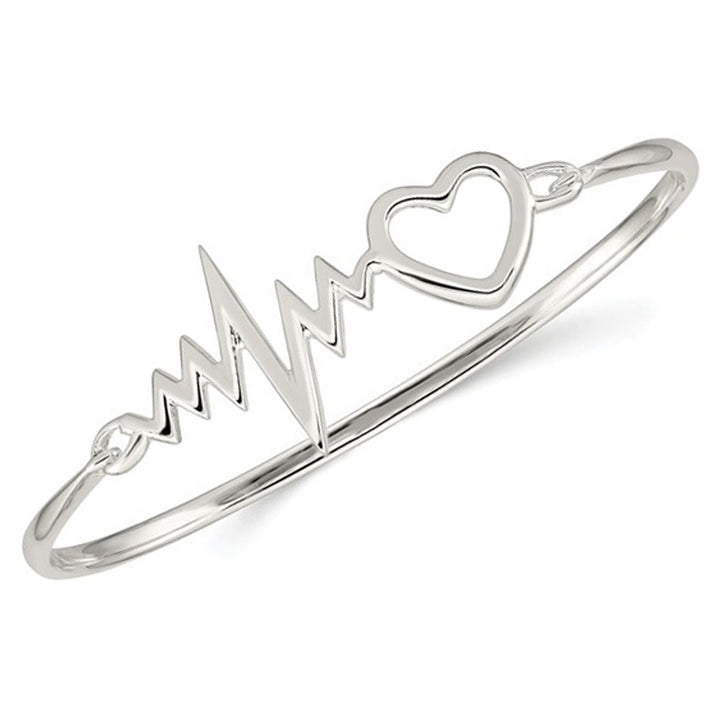 Sterling Silver Polished Heartbeat Hinged Bangle Bracelet Image 1