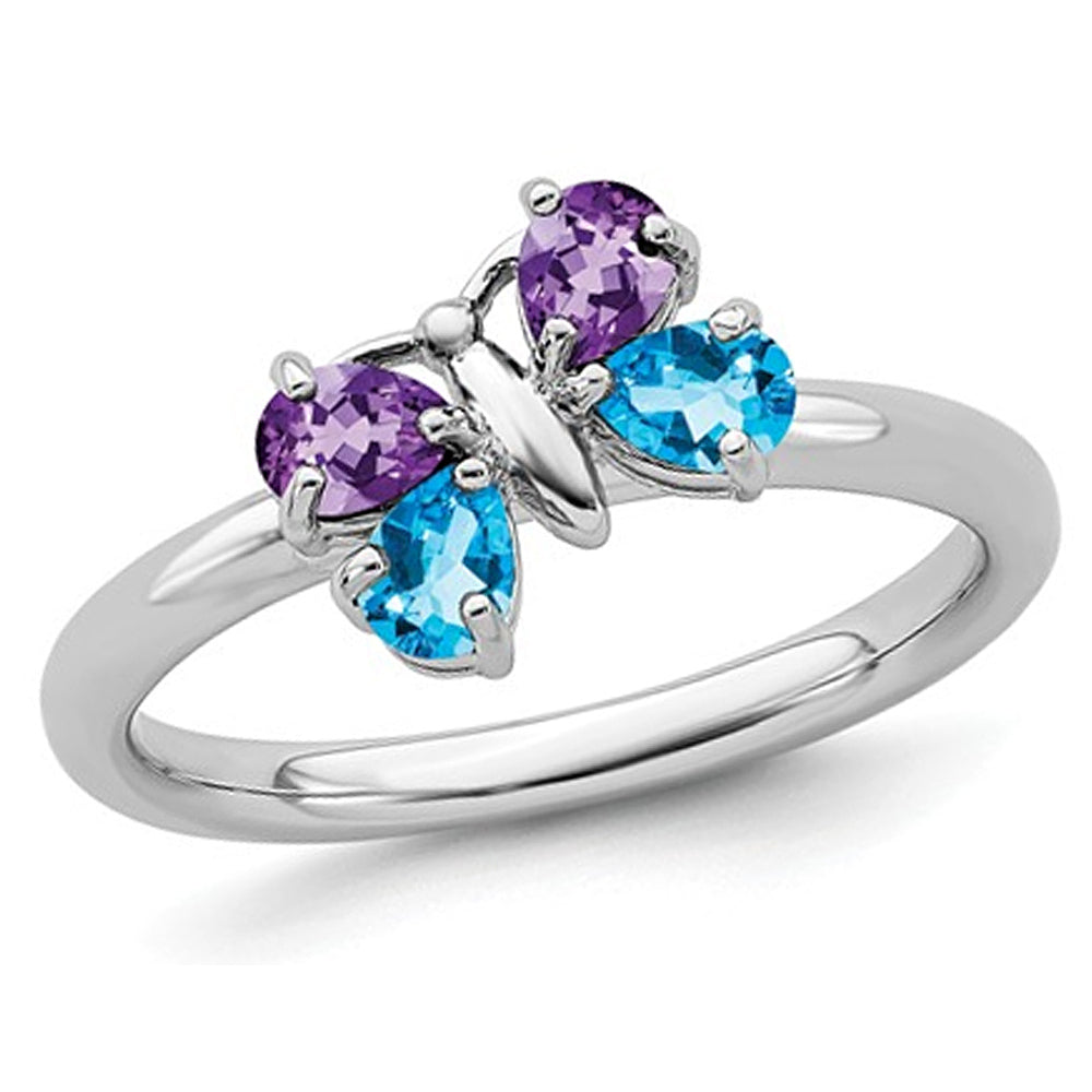 2/3 Carat (ctw) Natural Amethyst And Blue Topaz Butterfly Ring in Sterling Silver Image 1