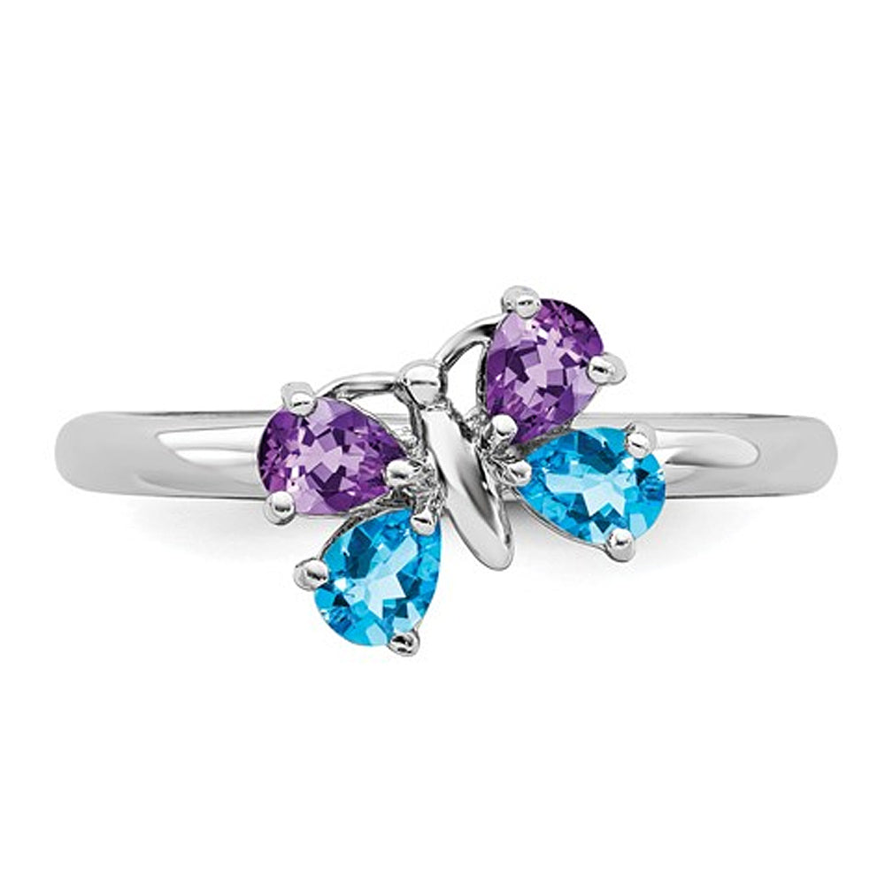 2/3 Carat (ctw) Natural Amethyst And Blue Topaz Butterfly Ring in Sterling Silver Image 2