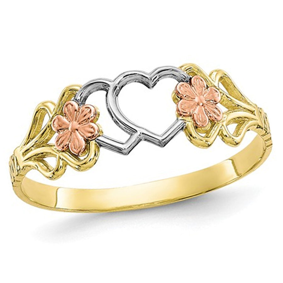 10K Yellow and White Gold Heart Flower Promise Ring Image 1