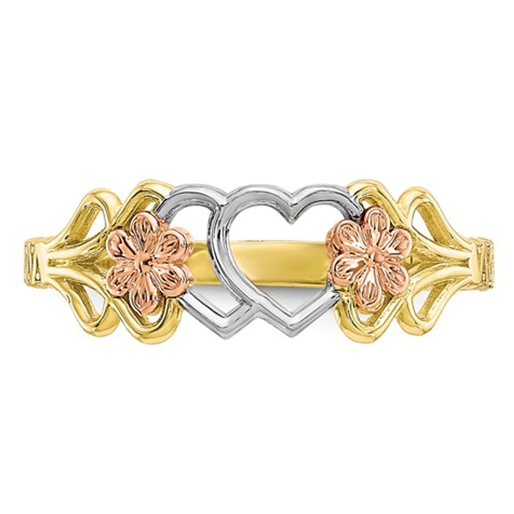 10K Yellow and White Gold Heart Flower Promise Ring Image 2