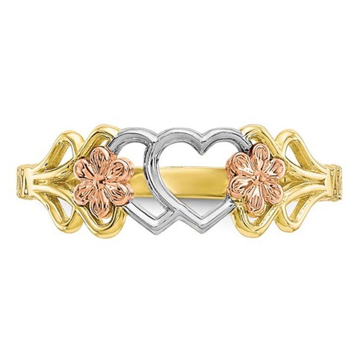 10K Yellow and White Gold Heart Flower Promise Ring Image 2