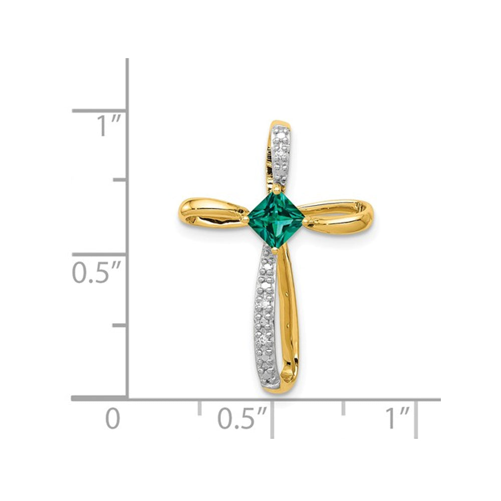 1/4 Carat (ctw) Lab Created Emerald Cross Pendant Necklace 14K Yellow Gold with Chain Image 2