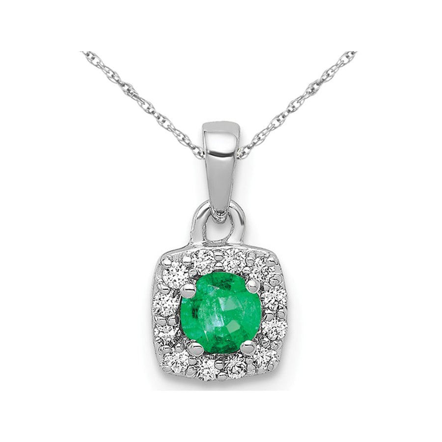 1/5 Carat (ctw) Natural Emerald Halo Pendant Necklace in 14K White Gold with Chain and Accent Diamonds Image 1