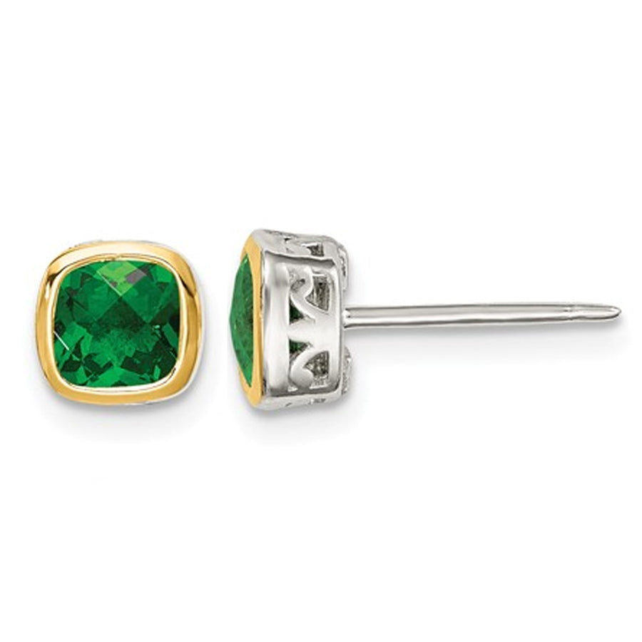 9/10 Lab Created Emerald Post Earrings in Sterling Silver with 14K Gold Accents Image 1