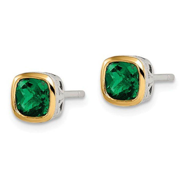 9/10 Lab Created Emerald Post Earrings in Sterling Silver with 14K Gold Accents Image 2