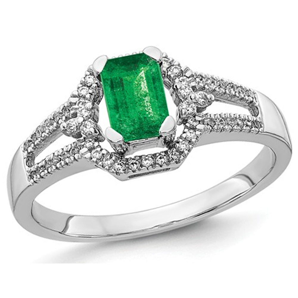 1/2 Carat (ctw) Natural Emerald Ring in 14K White Gold with Diamonds 1/6 Carat (ctw) Image 1