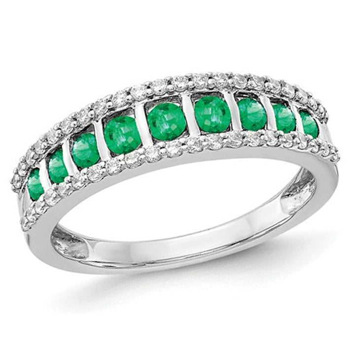 1/2 Carat (ctw) Natural Emerald Band Ring in 14K White Gold with Diamonds 1/4 Carat (ctw) Image 1