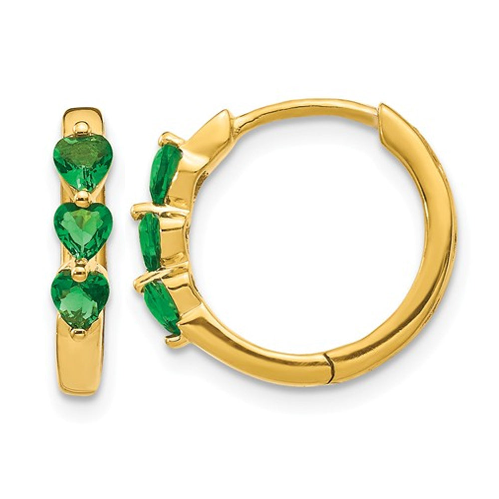 4/5 Carat (ctw) Lab-Created Emerald Heart Hoop Earrings in 14K Yellow Gold Image 1