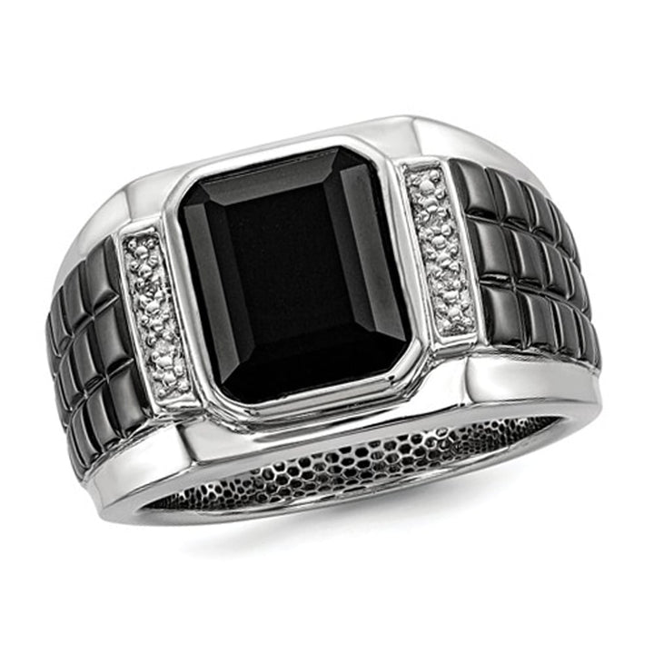 Mens Black Onyx Ring with Accent Diamonds in Black Rhodium Plated Sterling Silver Image 1