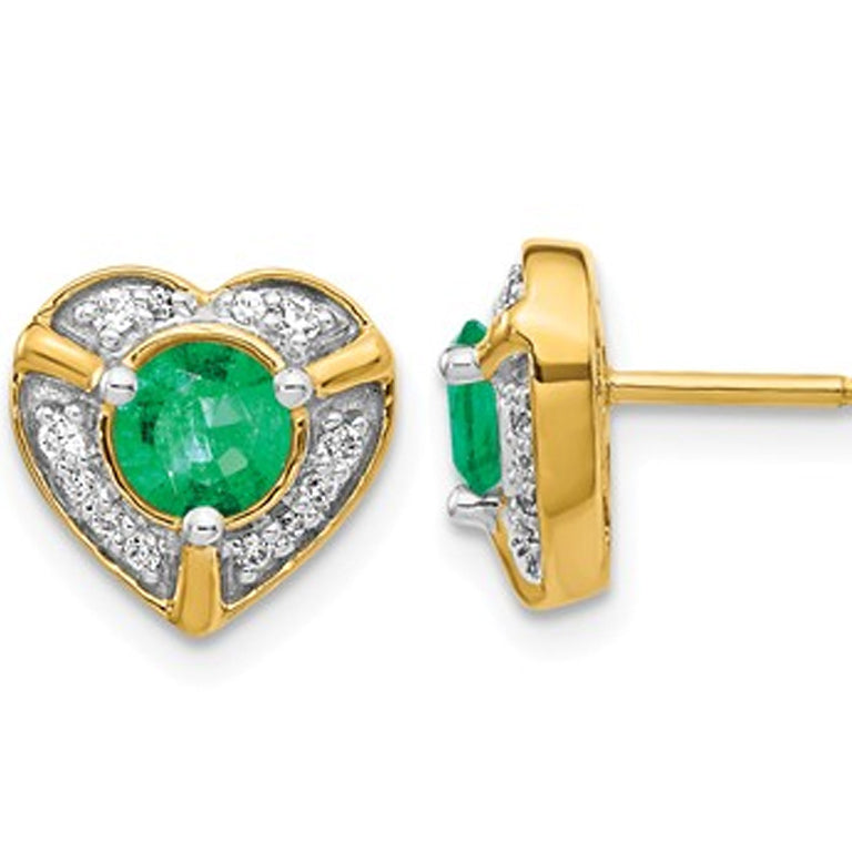 2/3 Carat (ctw) Natural Green Solitaire Heart Emerald Earrings in 14K Yellow Gold with Diamonds Image 1