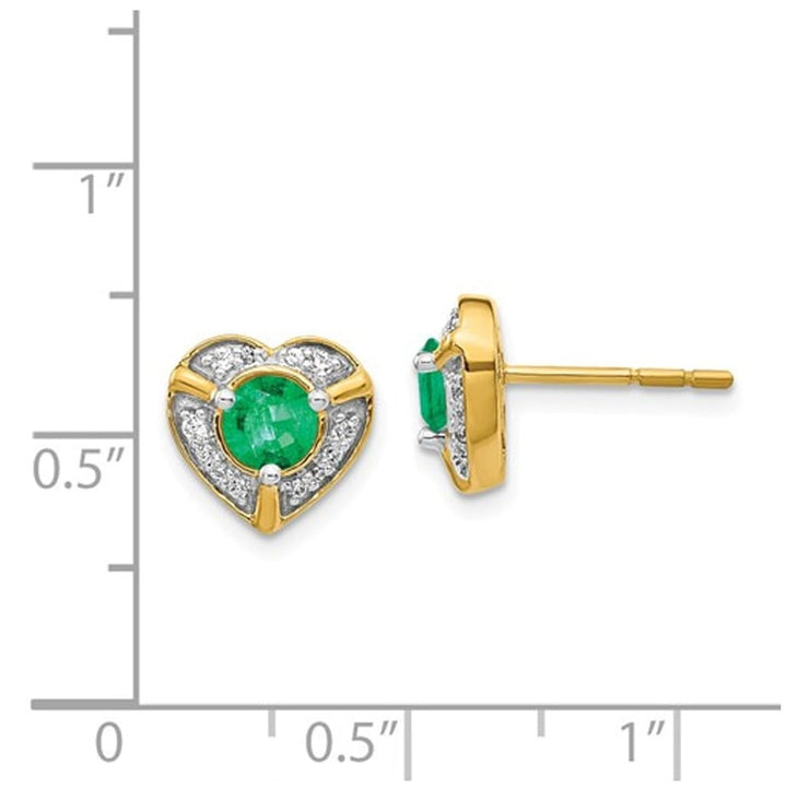 2/3 Carat (ctw) Natural Green Solitaire Heart Emerald Earrings in 14K Yellow Gold with Diamonds Image 2