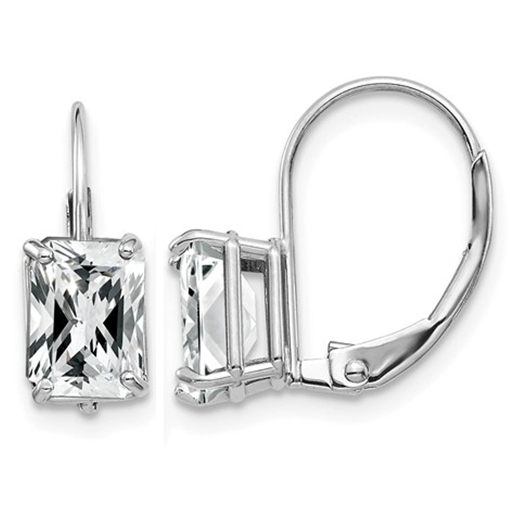 7x5mm Emerald Cut Synthetic Cubic Zirconia (CZ) (CZ) Leverback Earrings in in 14K White Gold Image 1