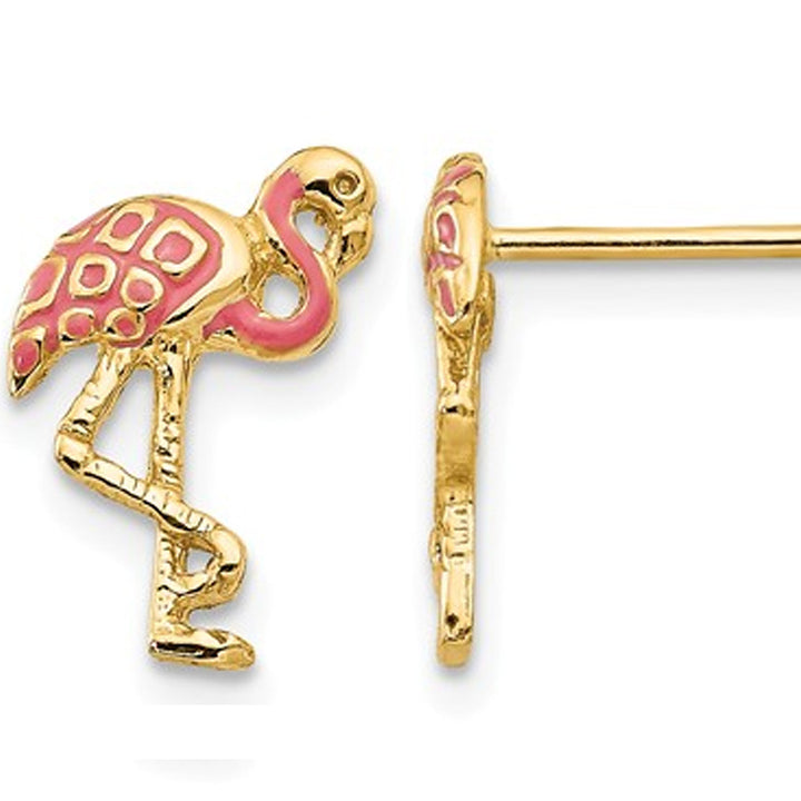 14K Yellow Gold Pink Enamel Flamingo Charm Post Earrings Image 1