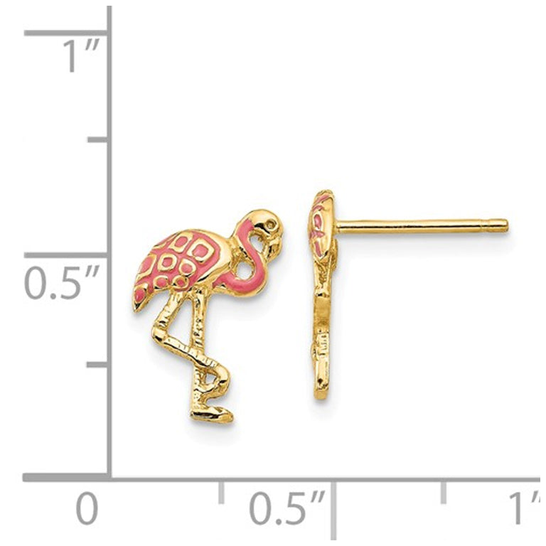 14K Yellow Gold Pink Enamel Flamingo Charm Post Earrings Image 2