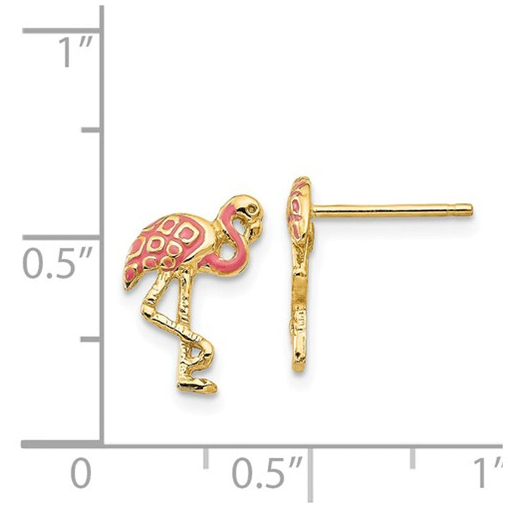 14K Yellow Gold Pink Enamel Flamingo Charm Post Earrings Image 2