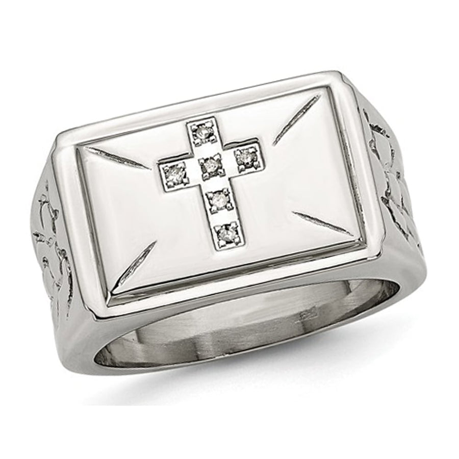 Mens Stainless Steel 1/20 Carat (ctw) Diamond Cross Textured Rings Image 1