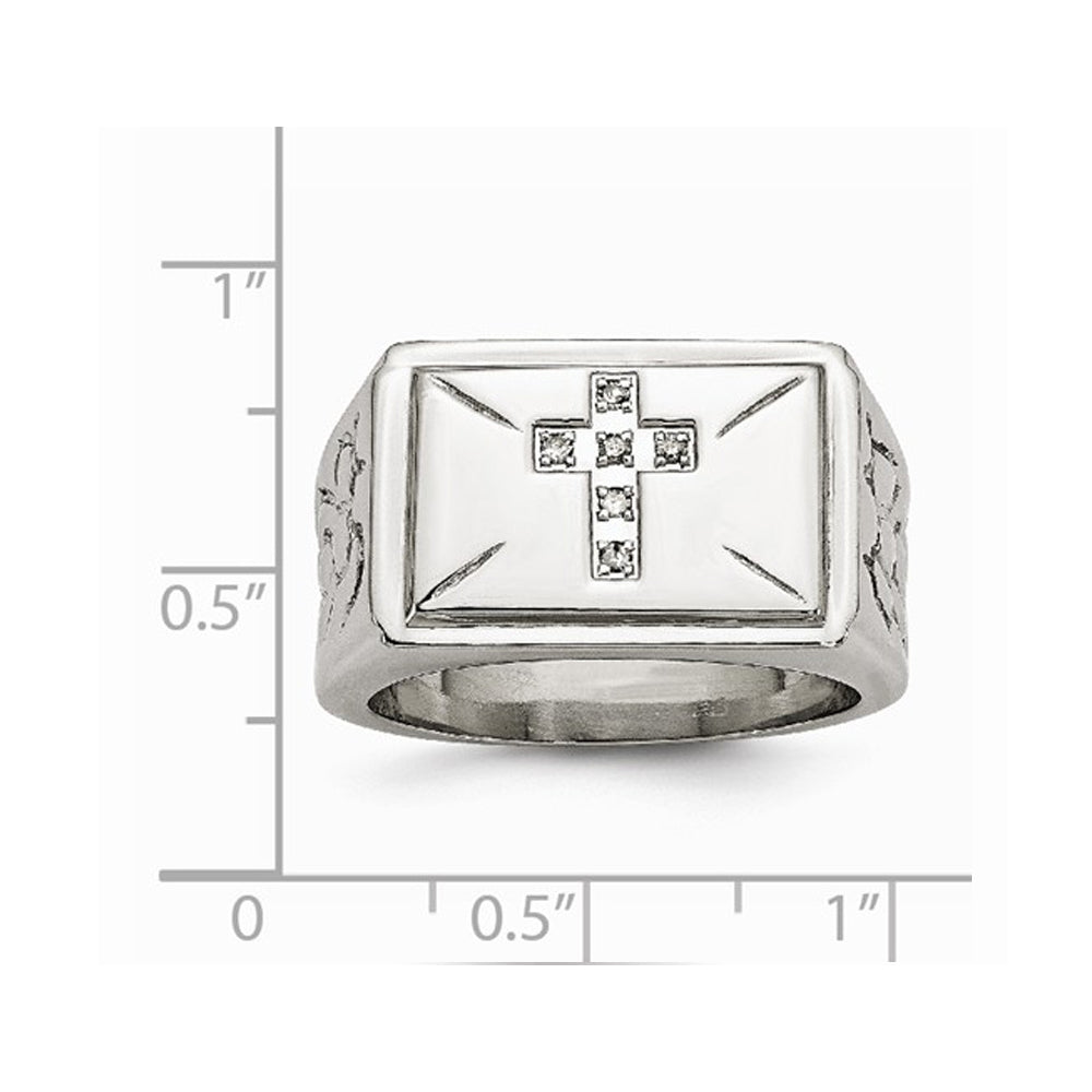 Mens Stainless Steel 1/20 Carat (ctw) Diamond Cross Textured Rings Image 2