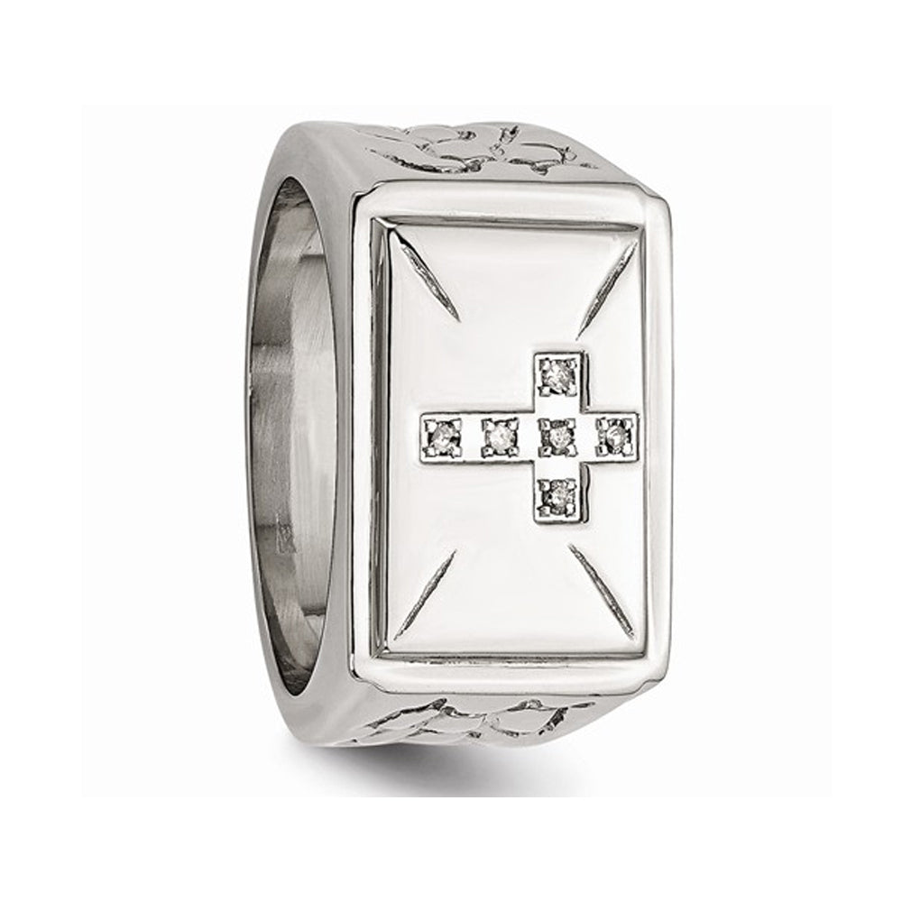 Mens Stainless Steel 1/20 Carat (ctw) Diamond Cross Textured Rings Image 3