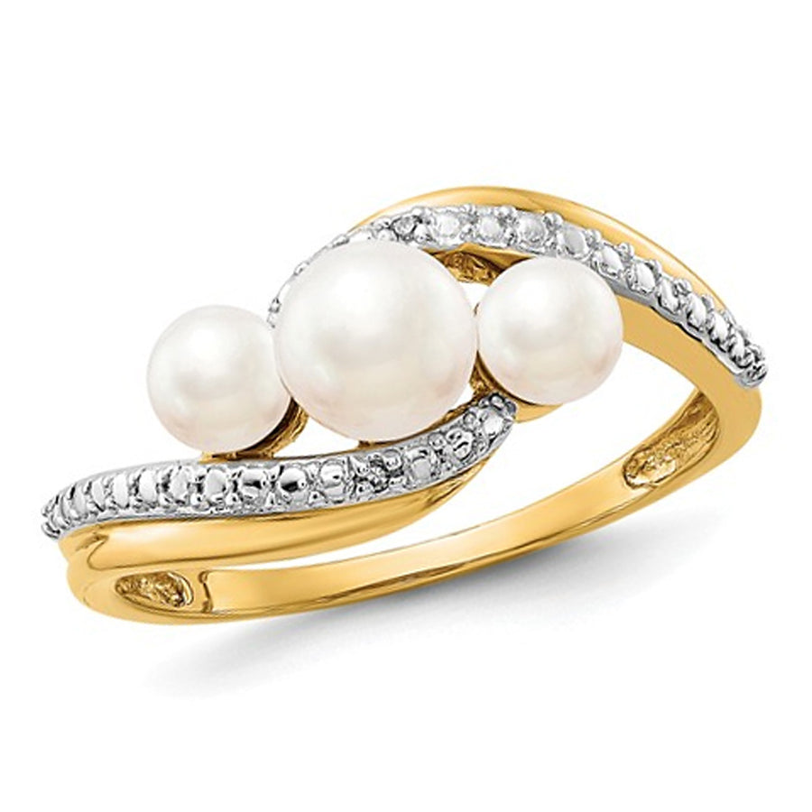 14K Yellow Gold Three Stone Freshwater Cultured White Pearl Ring with Accent Diamonds Image 1