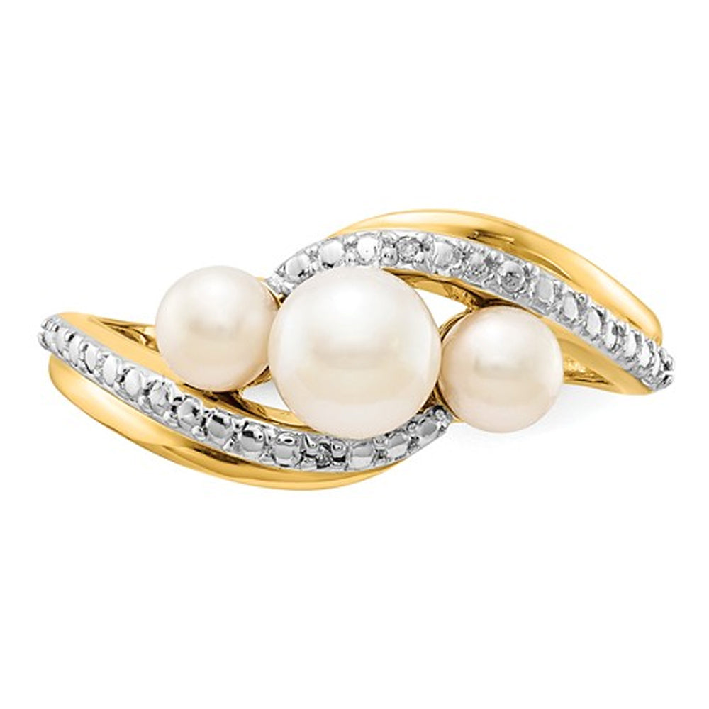 14K Yellow Gold Three Stone Freshwater Cultured White Pearl Ring with Accent Diamonds Image 2