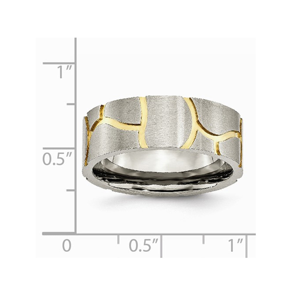 Mens Titanium 8mm Black Brushed Grooved Wedding Band Ring with Yellow Plating Image 2