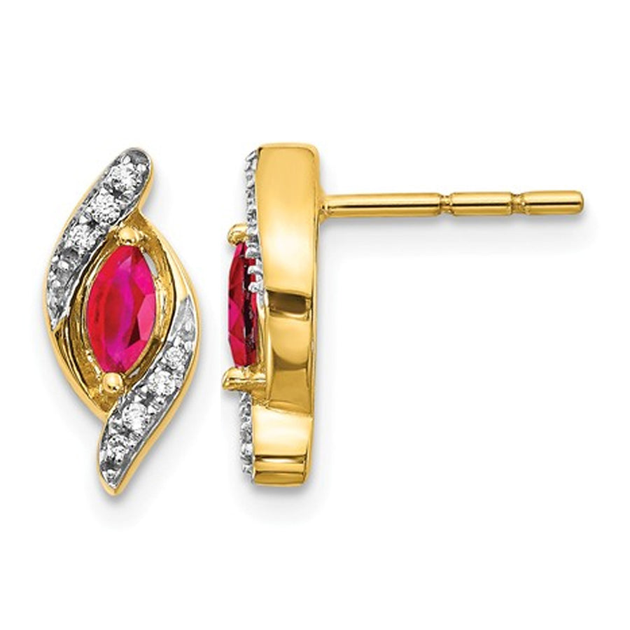 1/3 Carat (ctw) Marquise-Cut Natural Ruby Post Earrings in 14K Yellow Gold with Accent Diamonds Image 1