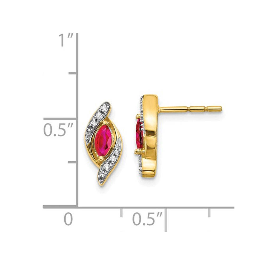 1/3 Carat (ctw) Marquise-Cut Natural Ruby Post Earrings in 14K Yellow Gold with Accent Diamonds Image 2