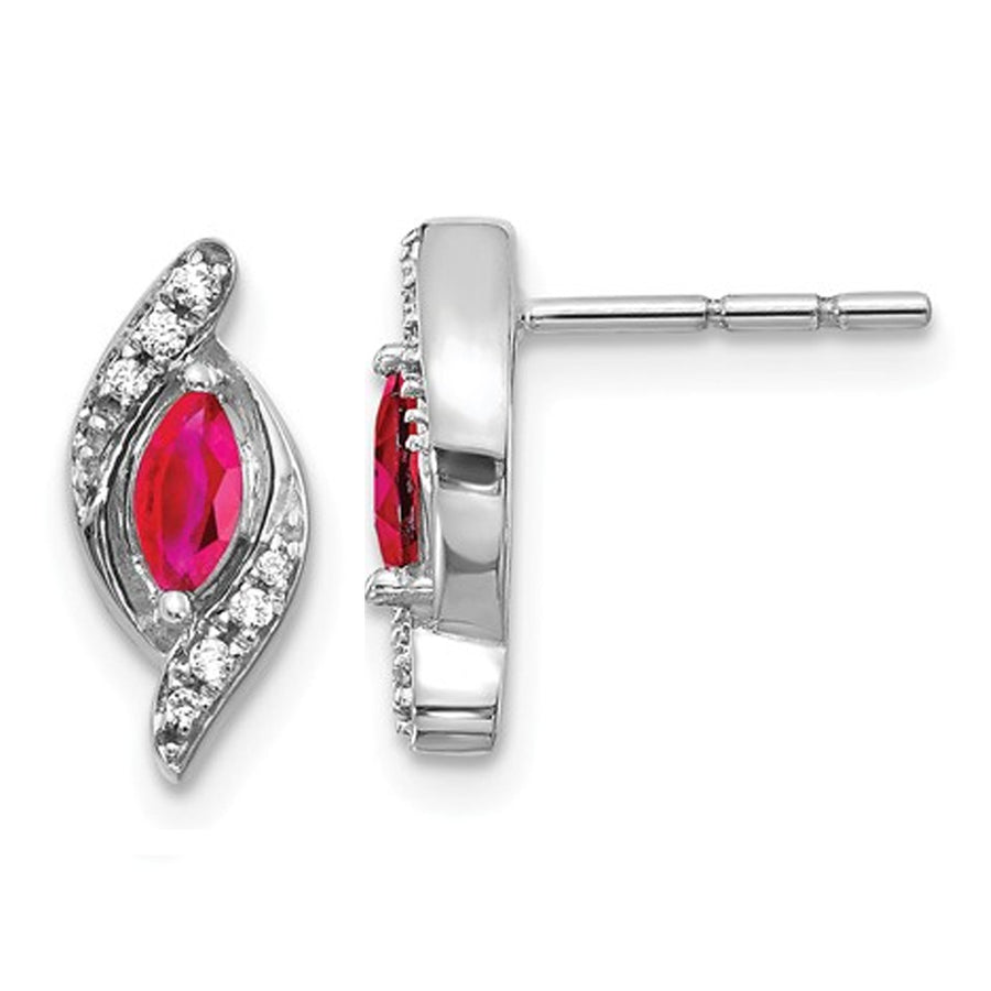 1/3 Carat (ctw) Marquise Cut Natural Ruby Post Earrings in 14K White Gold with Accent Diamonds Image 1