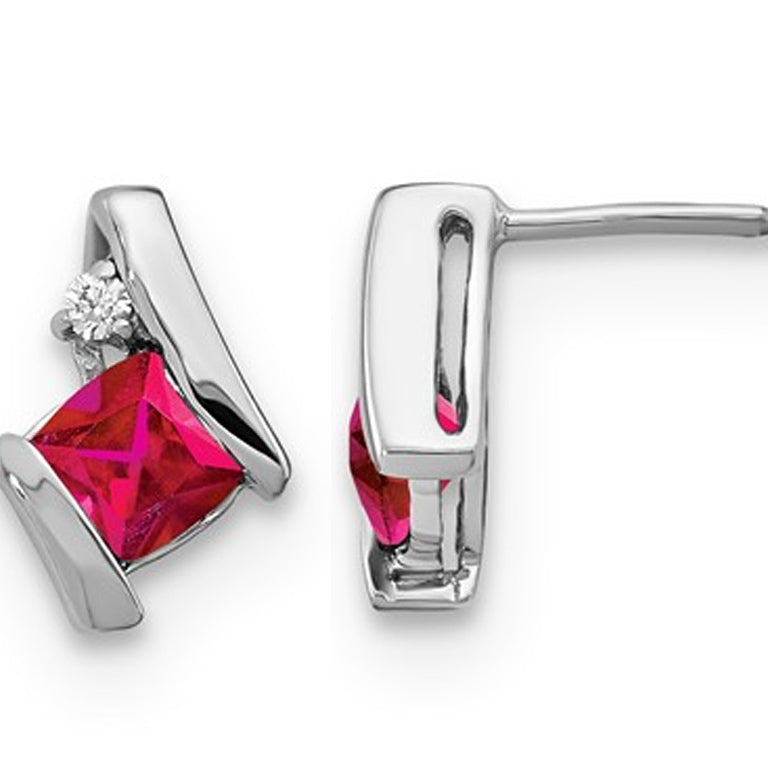 7/10 Carat (ctw) Lab Created Cushion Cut Ruby Post Earrings in 10K White Gold Image 1