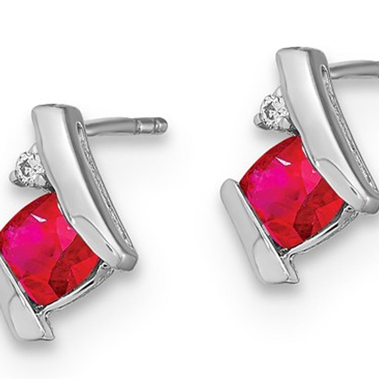 7/10 Carat (ctw) Lab Created Cushion Cut Ruby Post Earrings in 10K White Gold Image 2