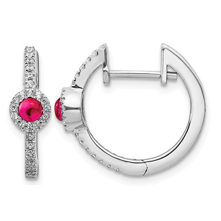 1/4 Carat (ctw) Natural Cabochon Ruby Hoop Earrings in 14K White Gold with Diamonds 1/5 Carat (ctw) Image 1
