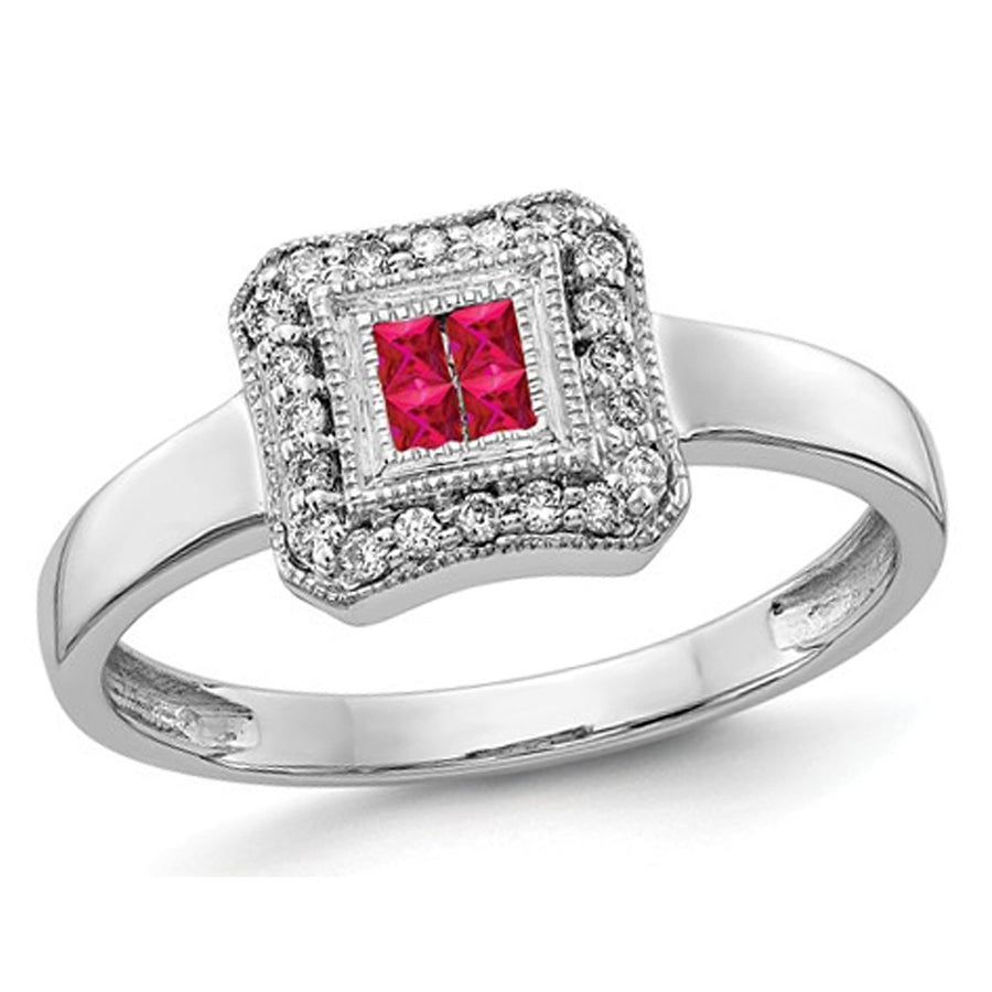 1/6 Carat (ctw) Princess Cut Natural Ruby Ring in 14K White Gold with Diamonds Image 1