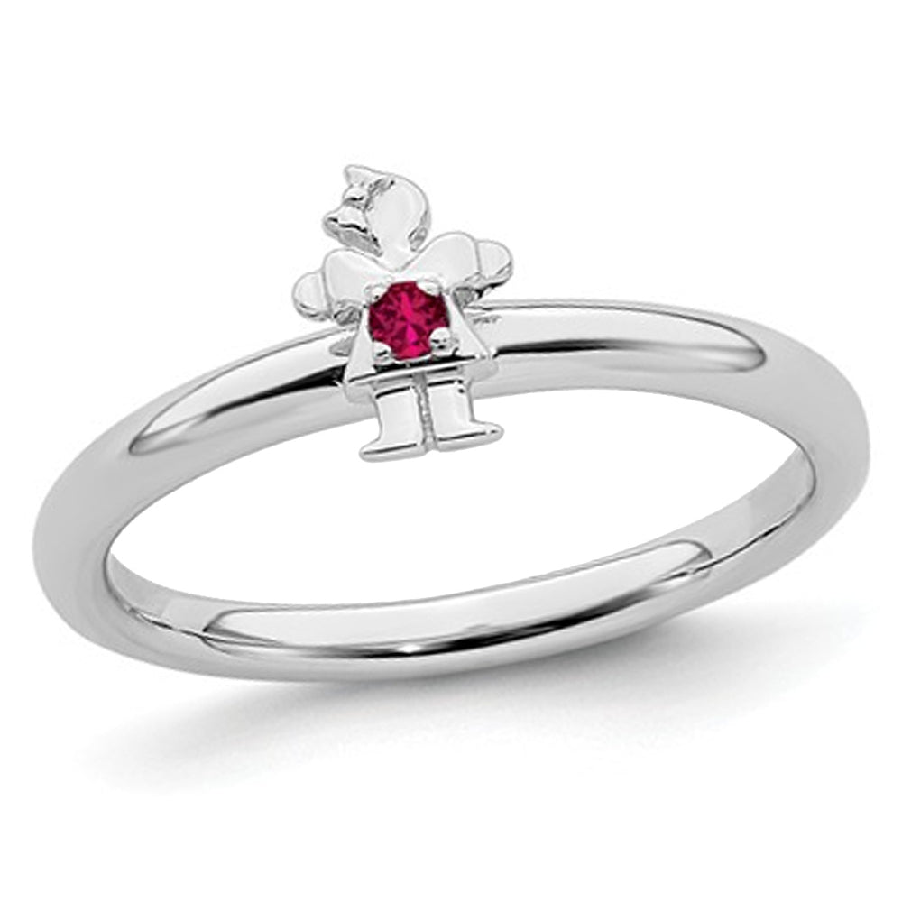 Sterling Silver Stackable Band Ring with Little Girl and Lab Created Ruby Accent Image 1