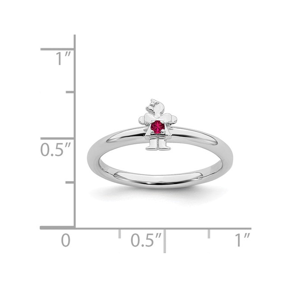 Sterling Silver Stackable Band Ring with Little Girl and Lab Created Ruby Accent Image 2